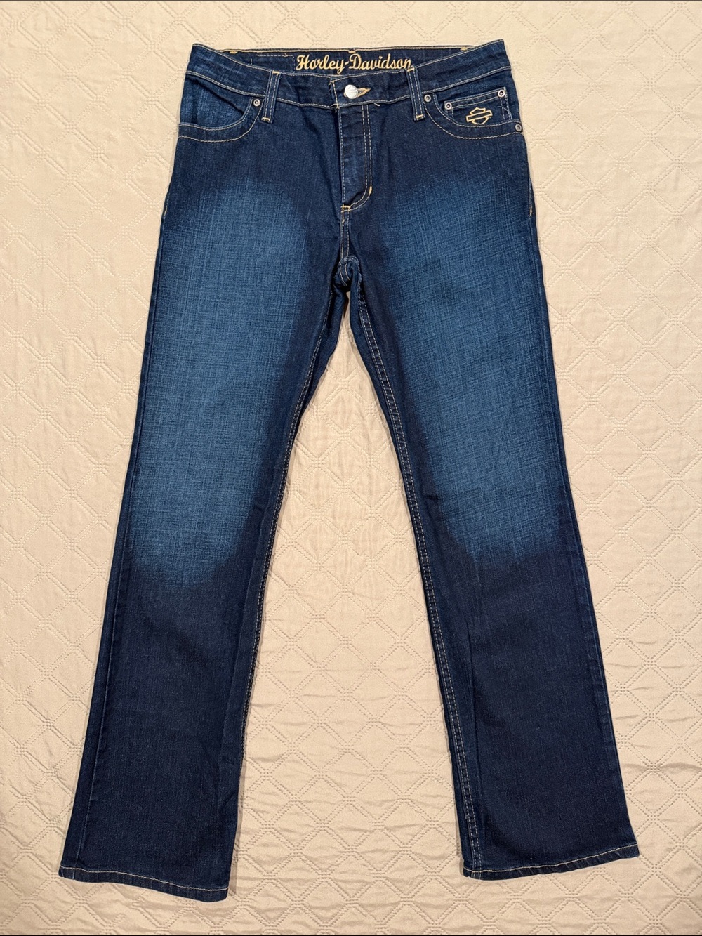 Harley-Davidson navy blue denim jeans with gold stitching